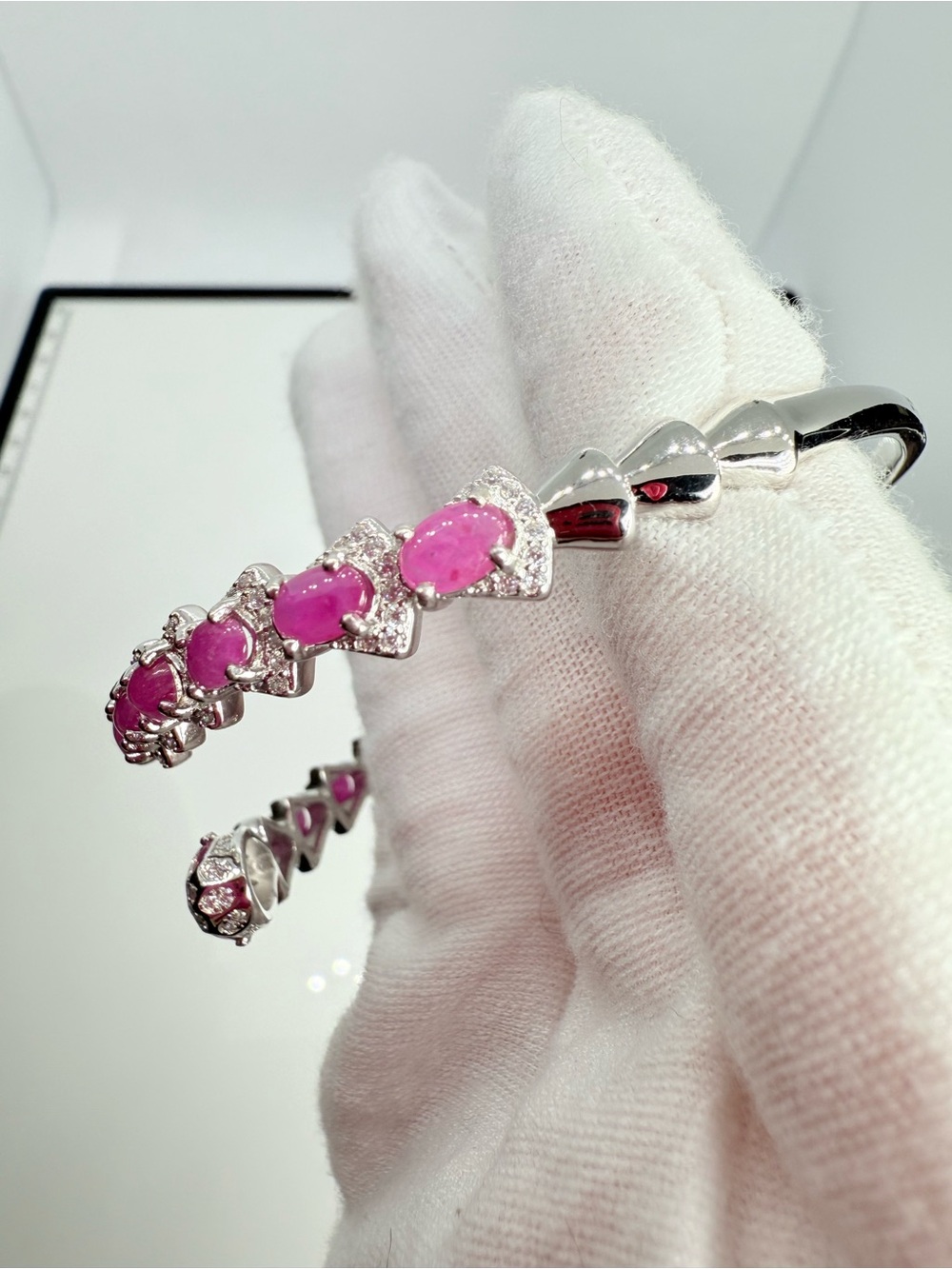 14k White Gold over Silver Ruby Serpent Bracelet! WATCH VIDEO! - Picture 8 of 17